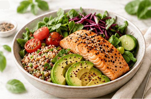 Piatto con salmone, avocado, verdure e cereali